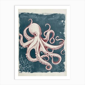 Red & Blue Octopus Retro Linocut Inspired 4 Art Print