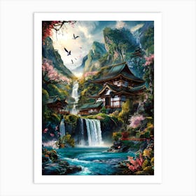 Japanese Temple in Mountain Waterfall Forest Oil Painting #4 Art Print