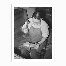Bootmaker Pounding Wooden Peg Into Sole Of Boot In Building Up Sole With Several Pieces Of Leather Art Print