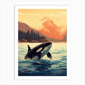 Modern Orca Whale Drawing Diving Out Of Water With Mountains Art Print