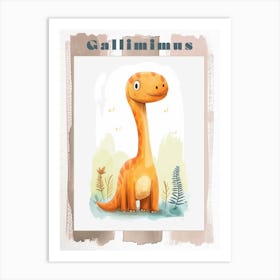 Cute Cartoon Gallimimus Dinosaur Watercolour 2 Poster Art Print