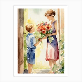 Mother And Son Giving Flowers Art Print