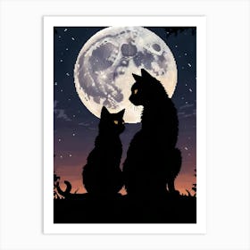 Silhouette Of Two Cats Under A Full Moon 1 Art Print