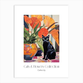 Cats & Flowers Collection Calla Lily Flower Vase And A Cat, A Painting In The Style Of Matisse 1 Art Print