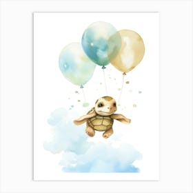 Baby Turtle Flying With Ballons, Watercolour Nursery Art 3 Art Print