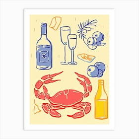 Crab And Wine Kitchen Dinner Illstration Art Print