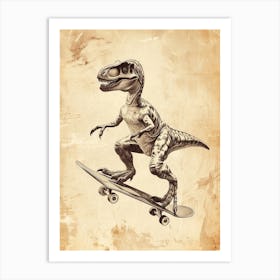 Vintage Sinornithosaurus Dinosaur On A Skateboard 1 Art Print