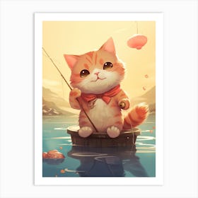 Kawaii Cat Drawings Fishing 4 Art Print