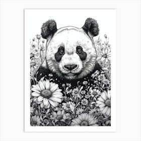 Giant Panda Cub Ink Illustration A Field Of Flowers Ink Illustration 4 Art Print