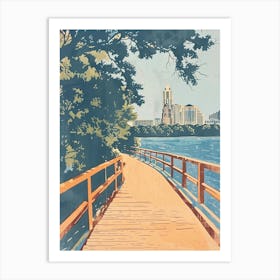 Lady Bird Lake And The Boardwalk Austin Texas Colourful Blockprint 1 Art Print