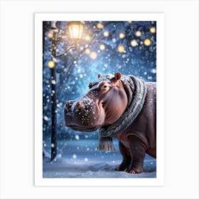 Hippo Wearing A Cozy Knit Cap And Scarf In A Winter Wonderland Fur Covered In Soft Snowflakes Fall Art Print