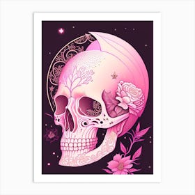 Skull With Celestial Themes 1 Pink Line Drawing Art Print