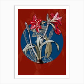 Vintage Botanical Brazilian Amaryllis on Circle Blue on Red n.0201 Art Print