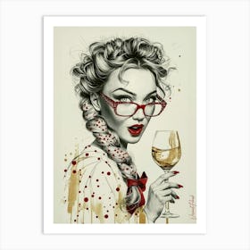 Cute Girl With Red Glasses And A Glass Of Golden Wine Art Print