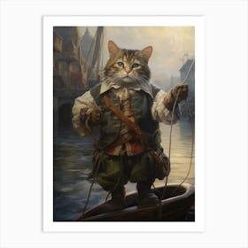 Cat As A Captain On A Medieval Boat 2 Art Print