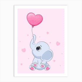 Cute Elephant With Heart Balloon- Kids Art Print