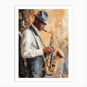 Stylish Jazz Band Playing Music On The Scene, Background Is Brown. Saxophone Player Art Print