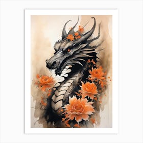 Japanese Dragon Abstract Flowers Painting (13) Art Print