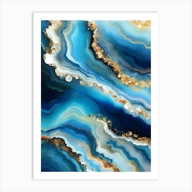 Blue And Gold Agate Painting Art Print