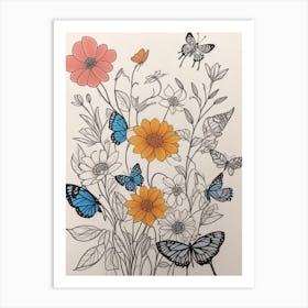 Yellow Flowers And Blue Butterflies Art Print