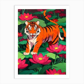 Tiger In Lotus Flower Art Print