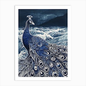 Peacock In The Waves Blue Linocut Inspired 1 Art Print