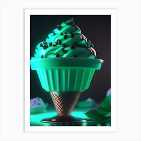 Mint Chocolate Chip Ice Cream Dessert Neon Lights Flower Art Print