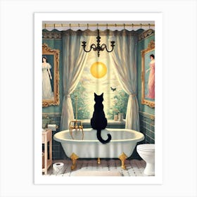 A whimsical black cat perched on a bathtub Art Print