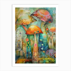 Whimsical Mushrooms Colorful Patterns Art Print