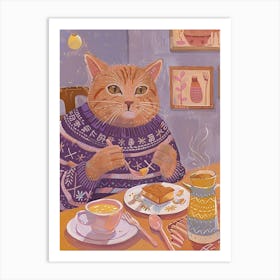 Brown Cat Having Breakfast Folk Illustration 4 Art Print