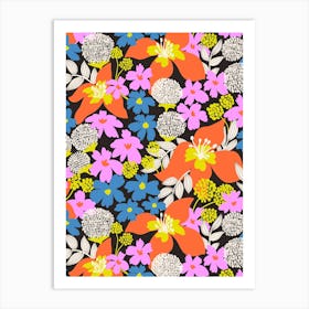 Bold And Vibrant Red Pink Blue On Black Floral Pattern Art Print