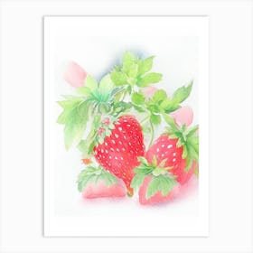 June Bearing Strawberries, Plant, Pastel Watercolour Art Print