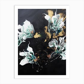 White And Green Flowers Black Background Painting Art Print