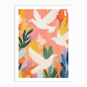 White Doves Gouache Painting Art Print