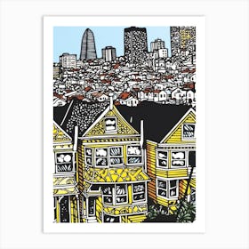 Painted Ladies San Francisco Linocut Illustration Style 1 Art Print