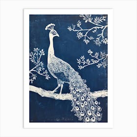 Navy Blue Linocut Inspired Peacock In A Tree 4 Art Print
