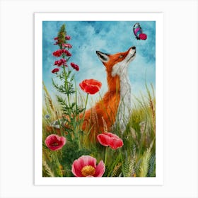 Fox And Butterfly Art Print