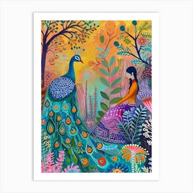 Peacock & A Woman In The Meadow 1 Art Print