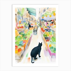 Food Market With Cats In Malaga 4 Watercolour Art Print