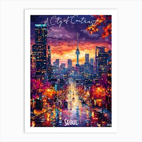 Seoul Skyline, abstract cubism vibrant Poster Art Print