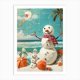 Retro Kitsch Snowmen On The Beach 1 Art Print