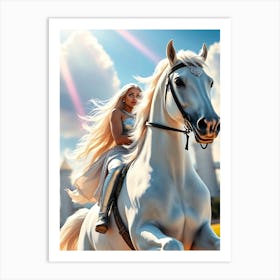 White Hair Beauty on A White Horse Art Print