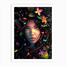 Colorful Girl With Flowers Art Print