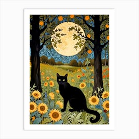 William Morris Style Black Cat In Sunflower Field Art Print