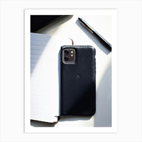 Black Leather Phone Case Open Mock Up Format Accompanied By A Notebook And Ballpoint Pen Arrange Art Print