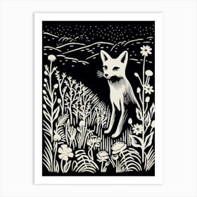 Fox In The Forest Linocut Illustration 9  Art Print