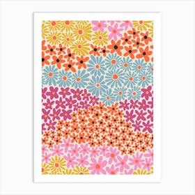 Floral Harmony Rolling Flower Hills Pink, Magenta, Blue, Yellow, and Orange Art Print