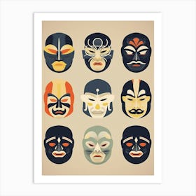 Noh Masks Japanese Style Illustration 24 Art Print