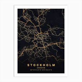 Stockholm Sweden Black And Gold Map Art Print