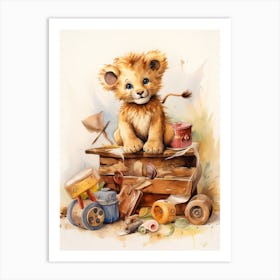 Playing With Wooden Toys Watercolour Lion Art Painting 1 Art Print